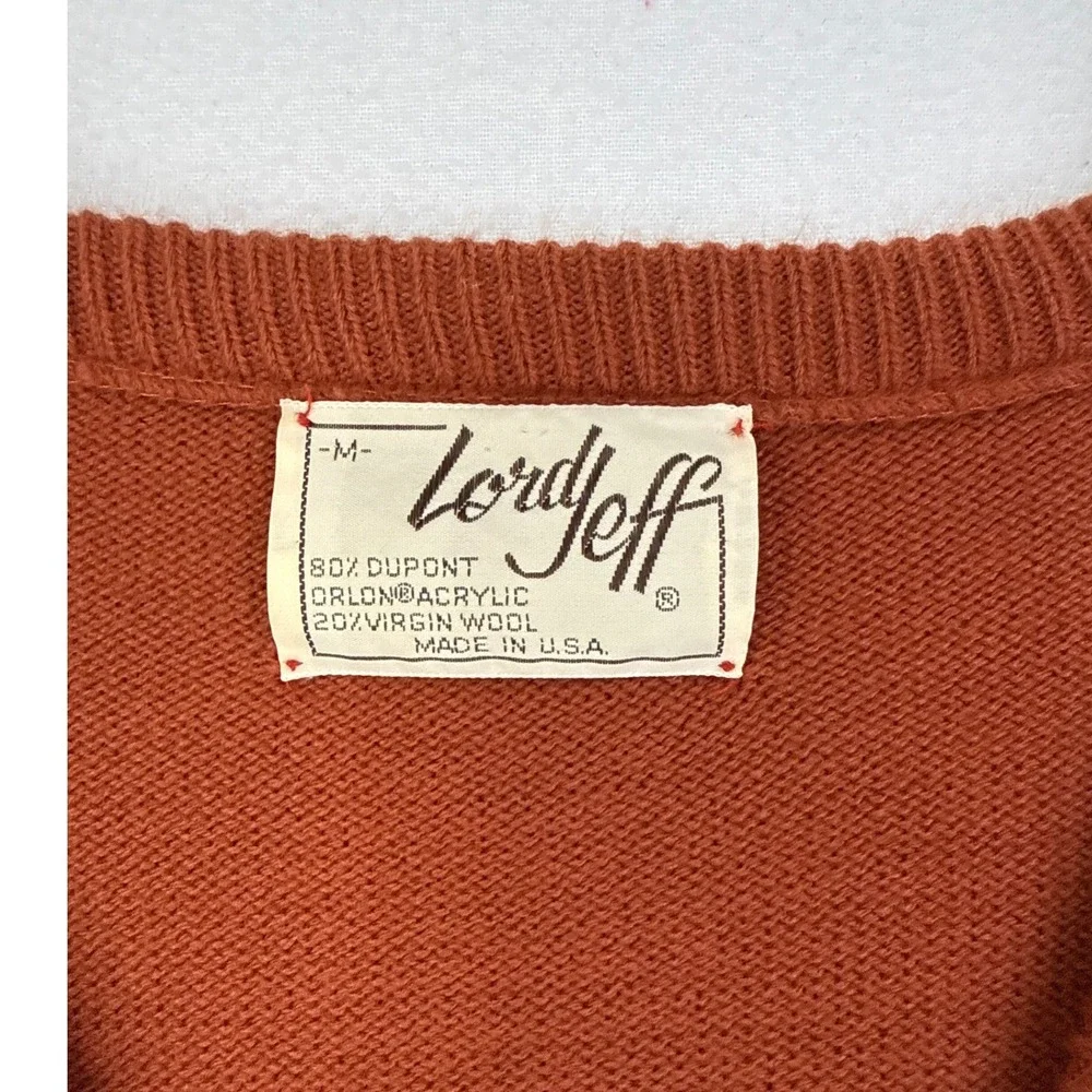 Vintage‎ Lord Jeff Mens V-Neck Sweater Rust Brown Acrylic Wool Blend USA Medium